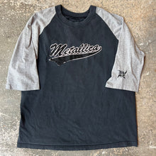 Load image into Gallery viewer, Vintage 90s Thrashed Metallica Black &amp; Gray 3/4 Sleeve Raglan T-Shirt
