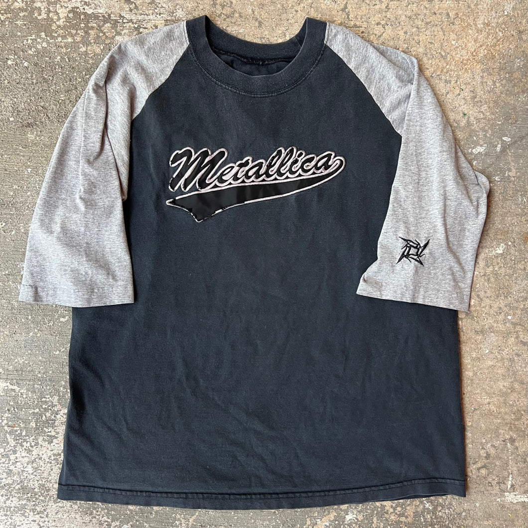 Vintage 90s Thrashed Metallica Black & Gray 3/4 Sleeve Raglan T-Shirt
